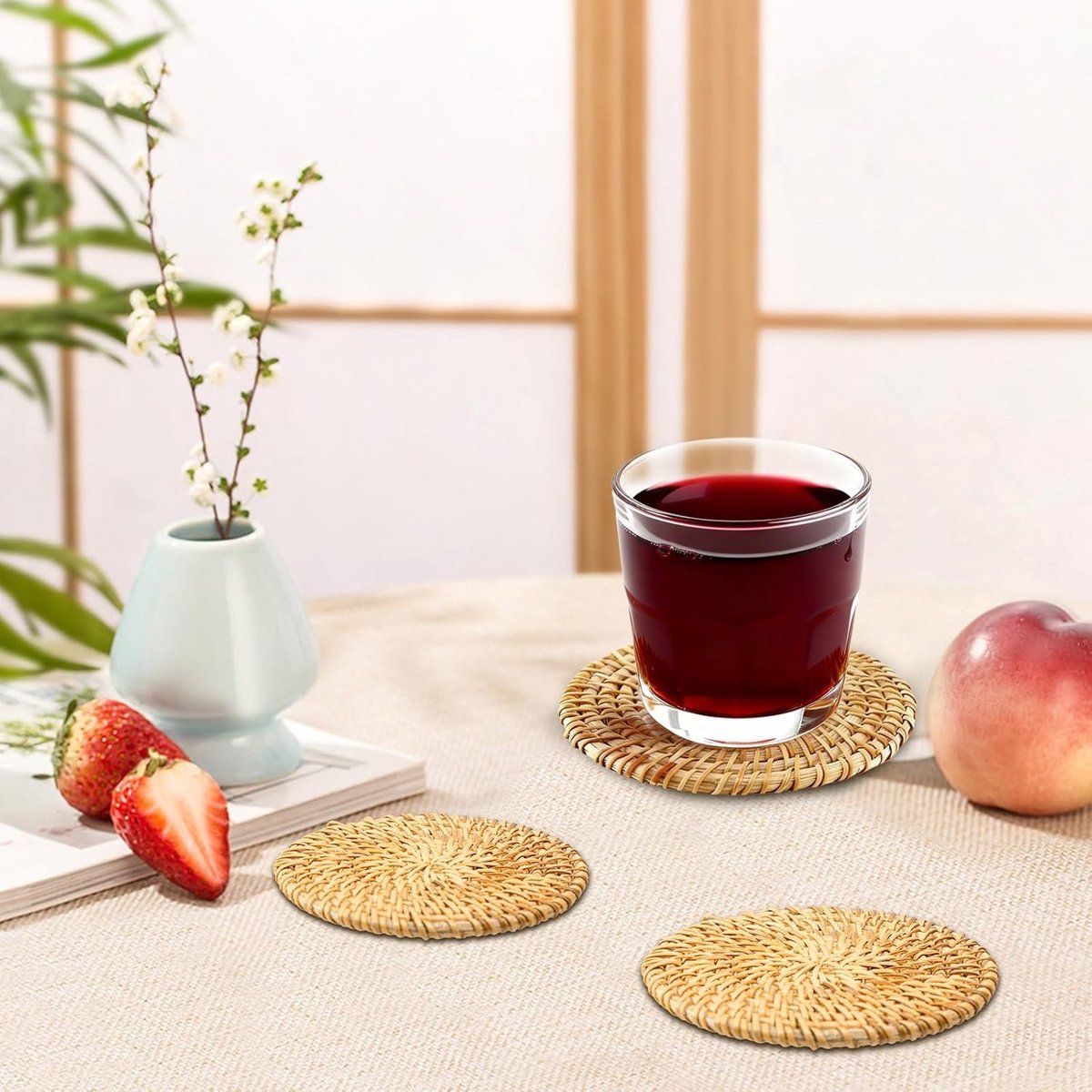 6 Pack Hand Woven Rattan Drink Coasters with Storage Rack, Round Table Mats for Coffee Table, Kitchen and Dining Room