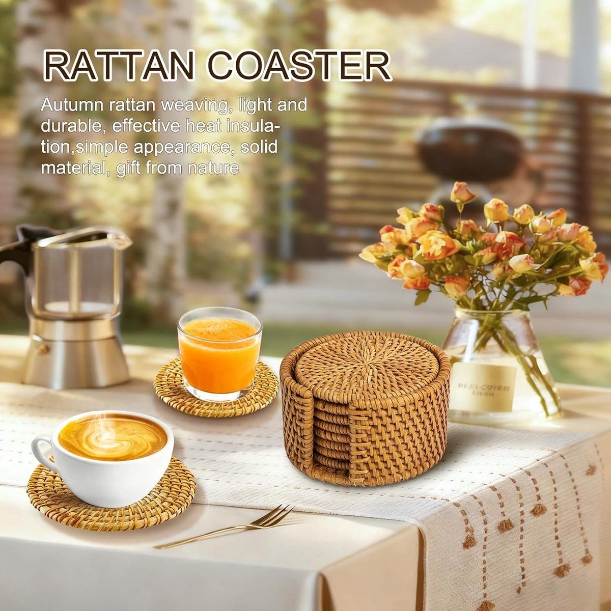 6 Pack Hand Woven Rattan Drink Coasters with Storage Rack, Round Table Mats for Coffee Table, Kitchen and Dining Room