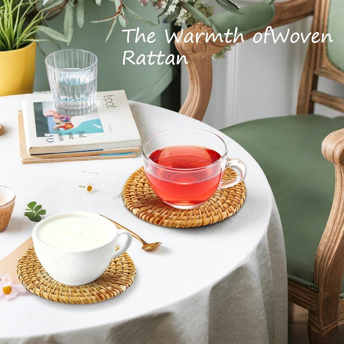 6 Pack Hand Woven Rattan Drink Coasters with Storage Rack, Round Table Mats for Coffee Table, Kitchen and Dining Room