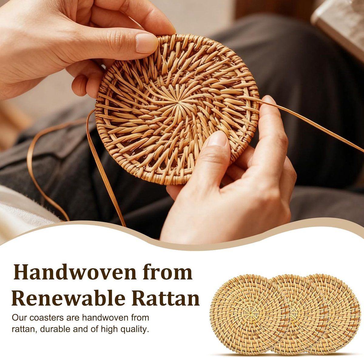 6 Pack Hand Woven Rattan Drink Coasters with Storage Rack, Round Table Mats for Coffee Table, Kitchen and Dining Room