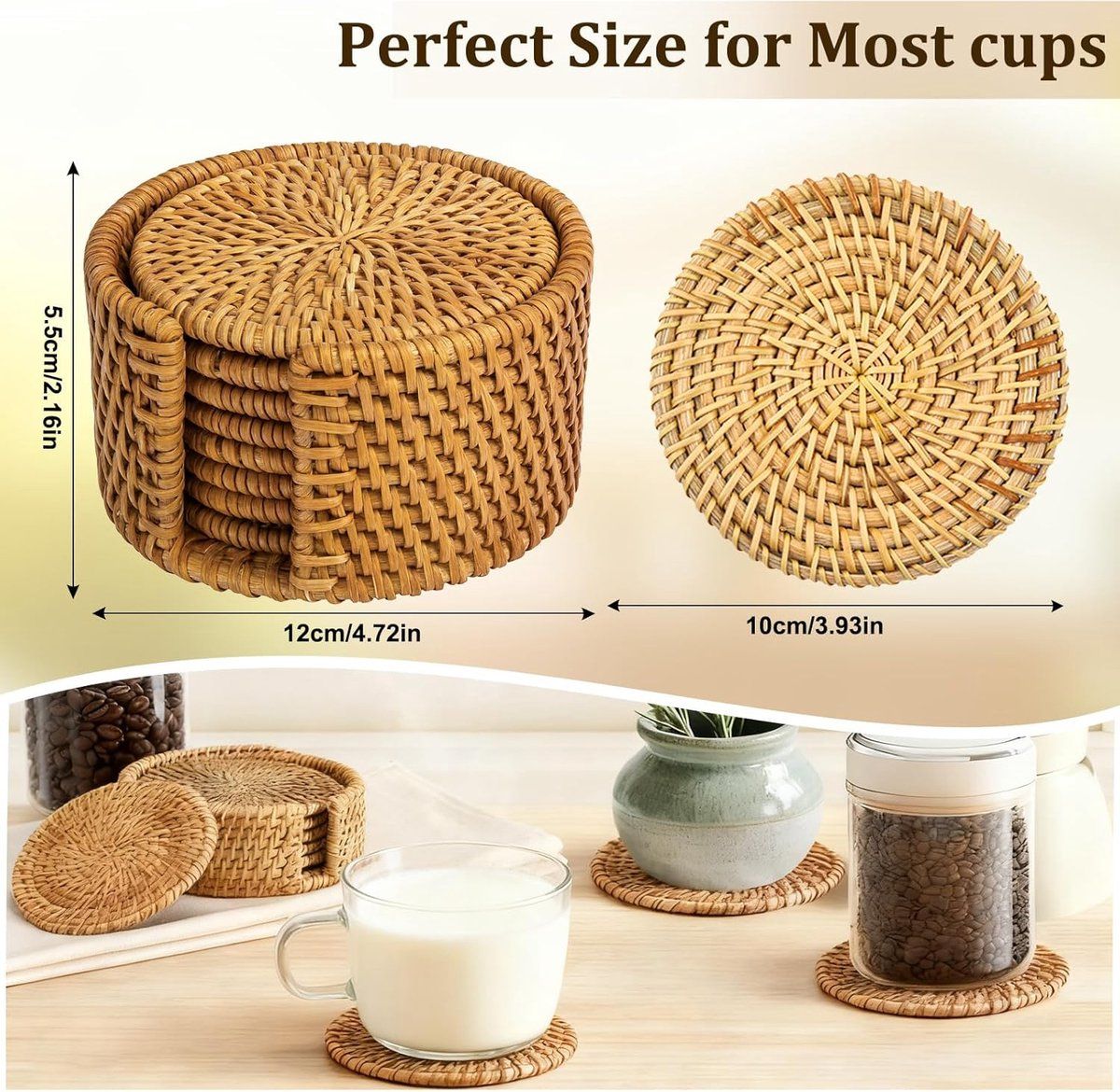 6 Pack Hand Woven Rattan Drink Coasters with Storage Rack, Round Table Mats for Coffee Table, Kitchen and Dining Room