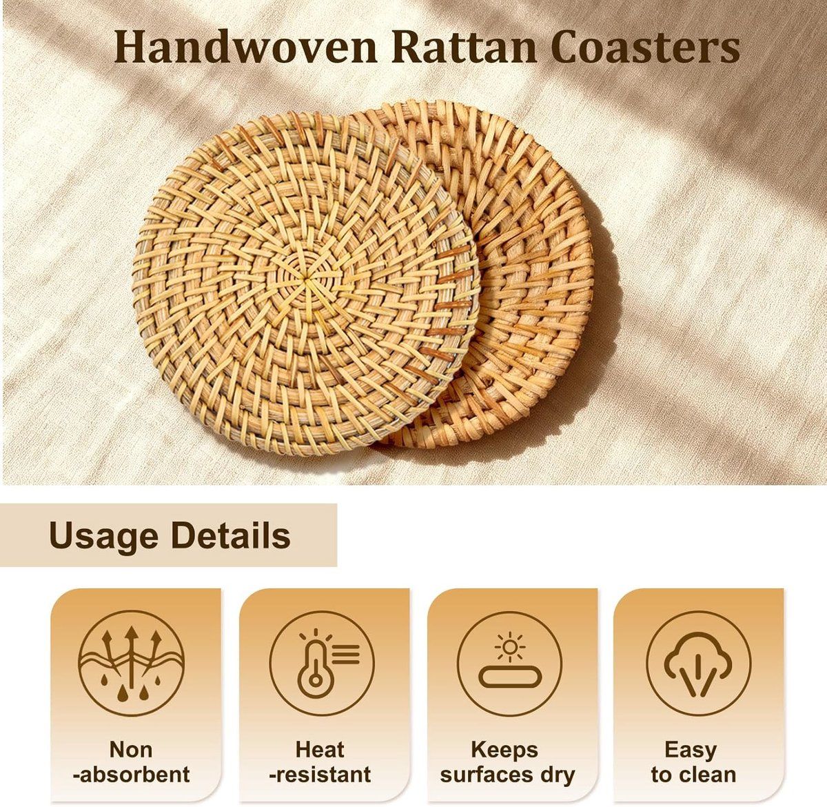 6 Pack Hand Woven Rattan Drink Coasters with Storage Rack, Round Table Mats for Coffee Table, Kitchen and Dining Room