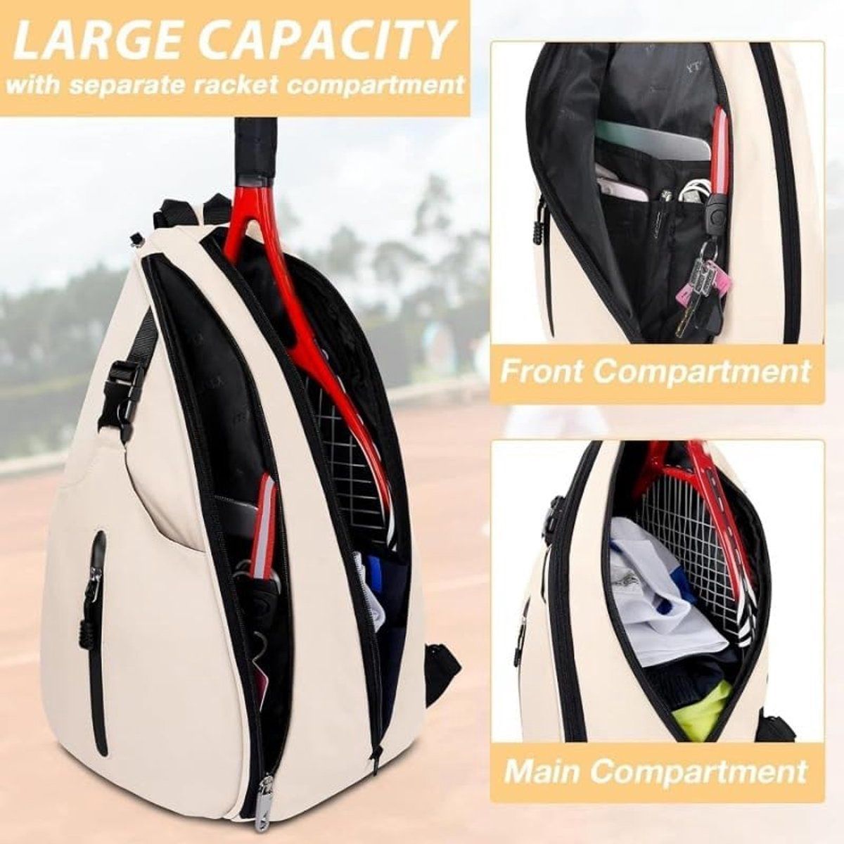 Pink Tennis Sling Backpack, Water Resistant Crossbody Racket Bag for Tennis, Pickleball and Badminton, Lightweight Unisex Design