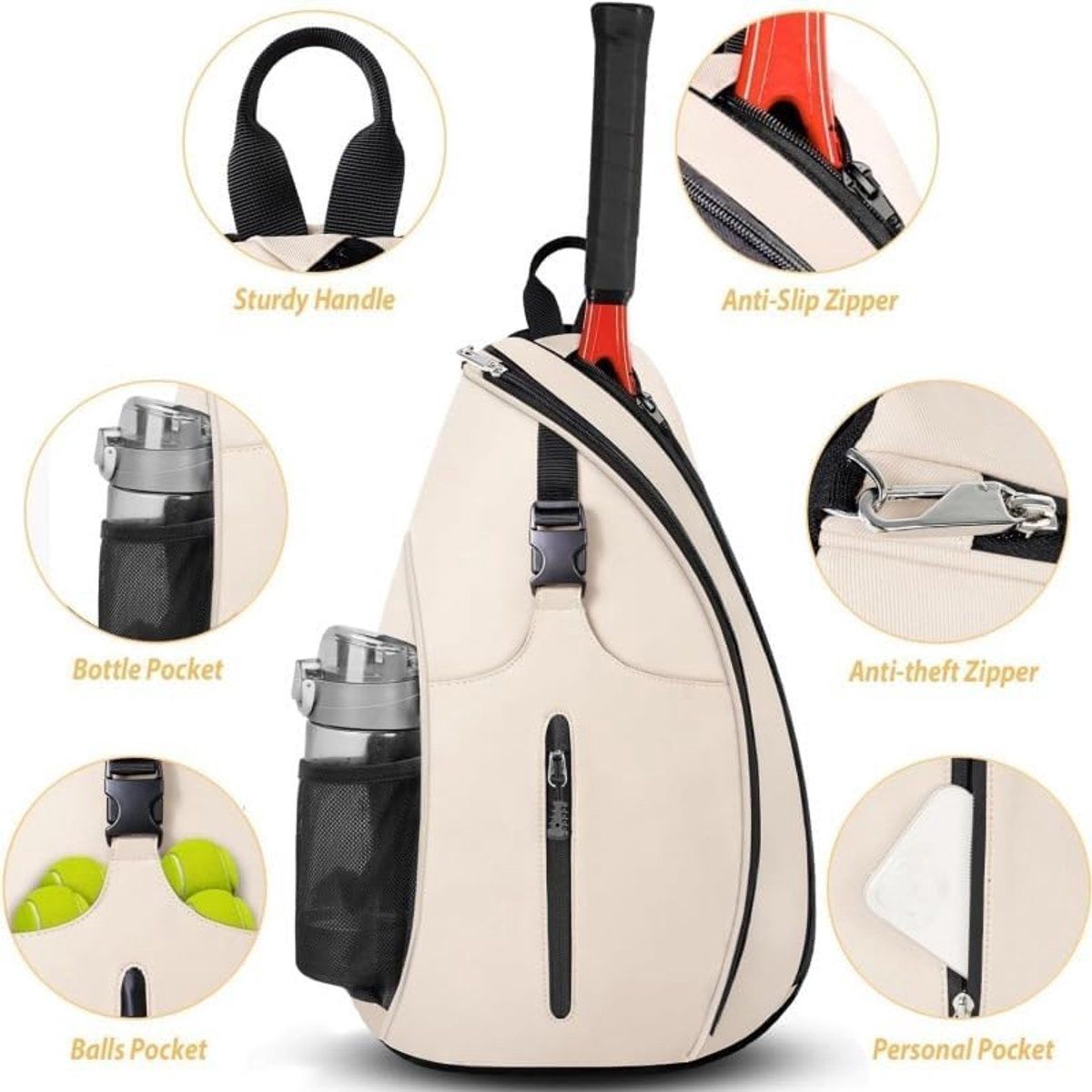 Pink Tennis Sling Backpack, Water Resistant Crossbody Racket Bag for Tennis, Pickleball and Badminton, Lightweight Unisex Design