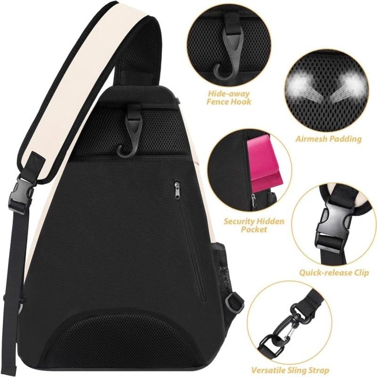White Tennis Sling Backpack, Water Resistant Crossbody Racket Bag for Tennis, Pickleball and Badminton, Lightweight Unisex Design