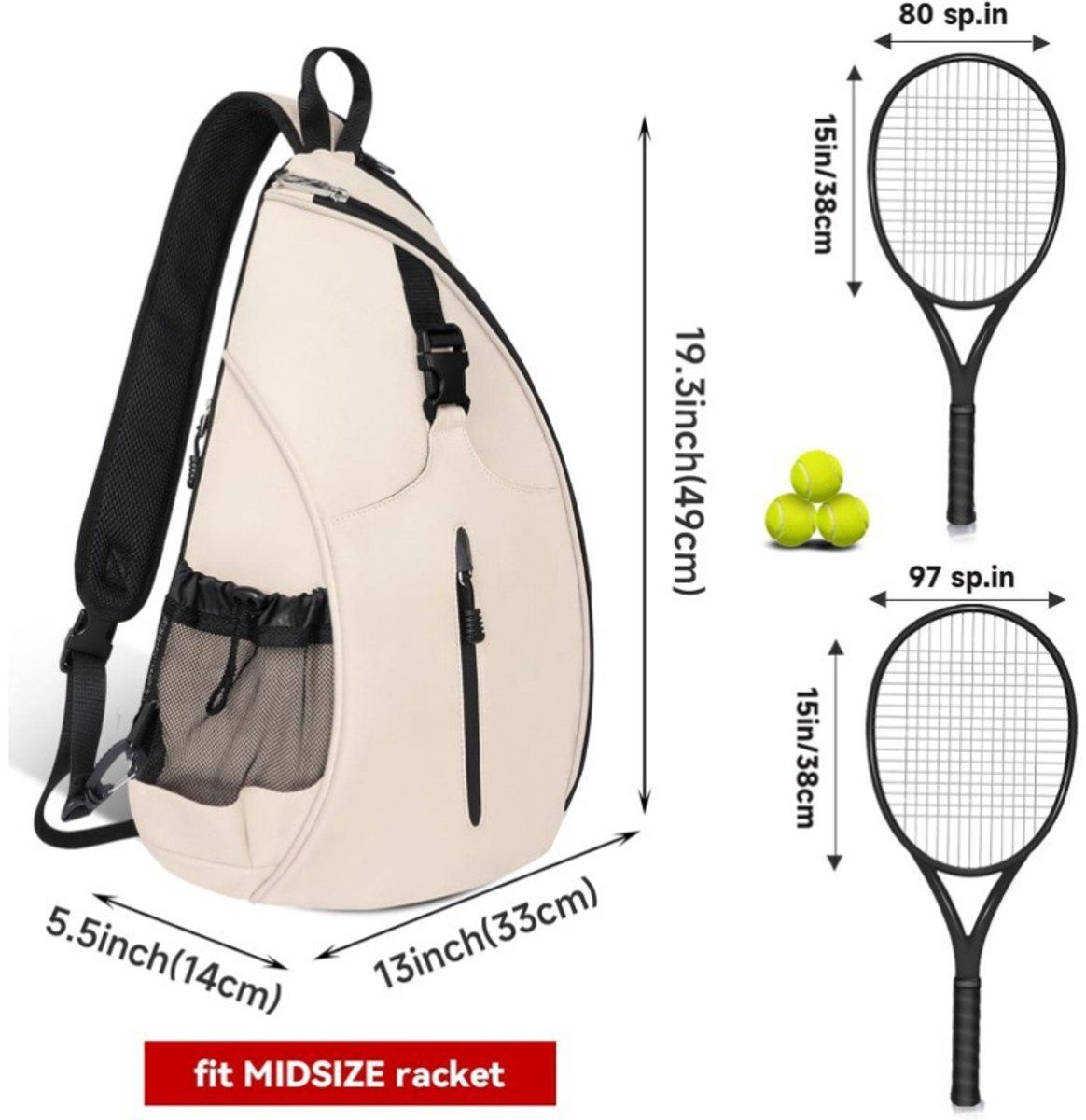 White Tennis Sling Backpack, Water Resistant Crossbody Racket Bag for Tennis, Pickleball and Badminton, Lightweight Unisex Design