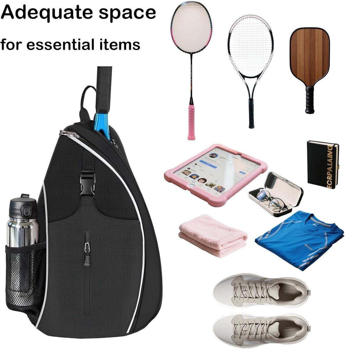 Black Tennis Sling Backpack, Water Resistant Crossbody Racket Bag for Tennis, Pickleball and Badminton, Lightweight Unisex Design