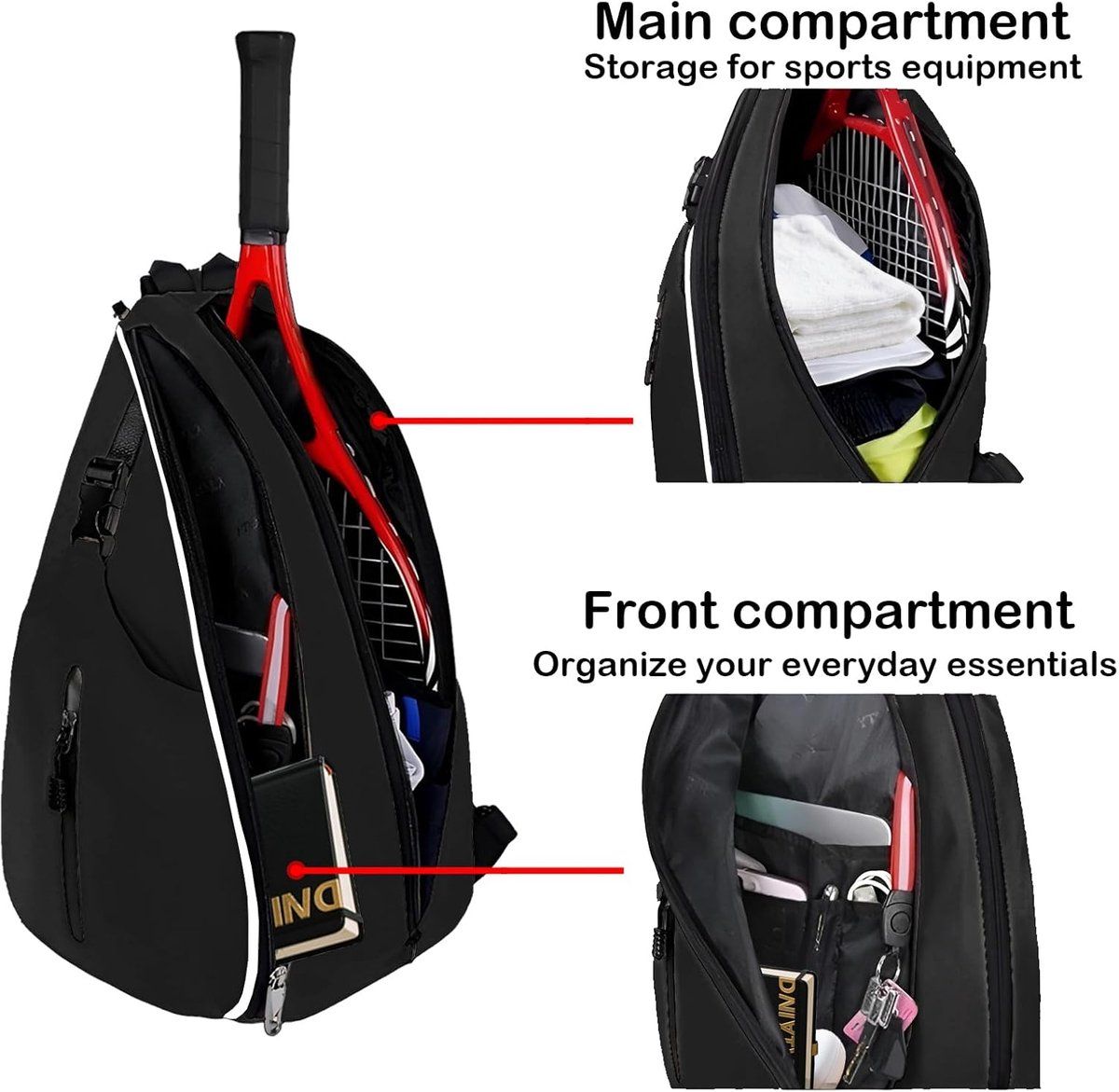 Black Tennis Sling Backpack, Water Resistant Crossbody Racket Bag for Tennis, Pickleball and Badminton, Lightweight Unisex Design