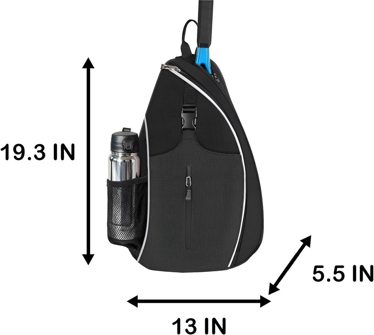 Black Tennis Sling Backpack, Water Resistant Crossbody Racket Bag for Tennis, Pickleball and Badminton, Lightweight Unisex Design