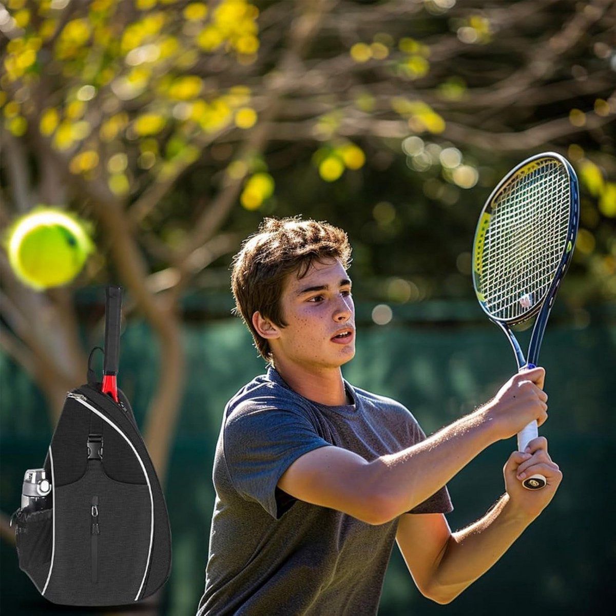 Black Tennis Sling Backpack, Water Resistant Crossbody Racket Bag for Tennis, Pickleball and Badminton, Lightweight Unisex Design