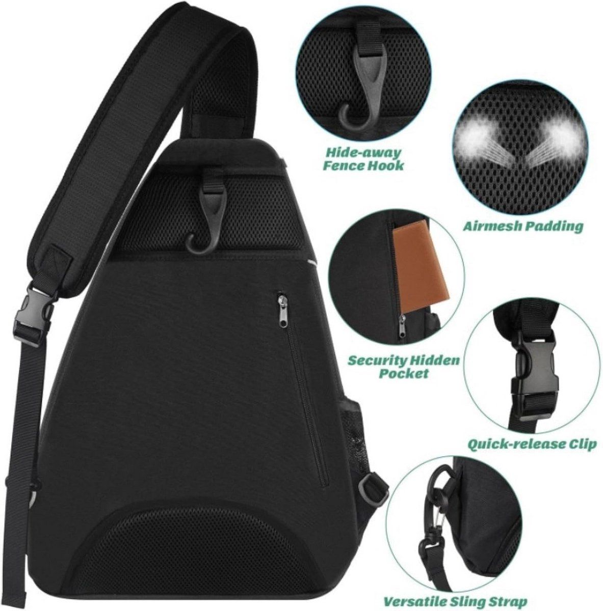 Black Tennis Sling Backpack, Water Resistant Crossbody Racket Bag for Tennis, Pickleball and Badminton, Lightweight Unisex Design