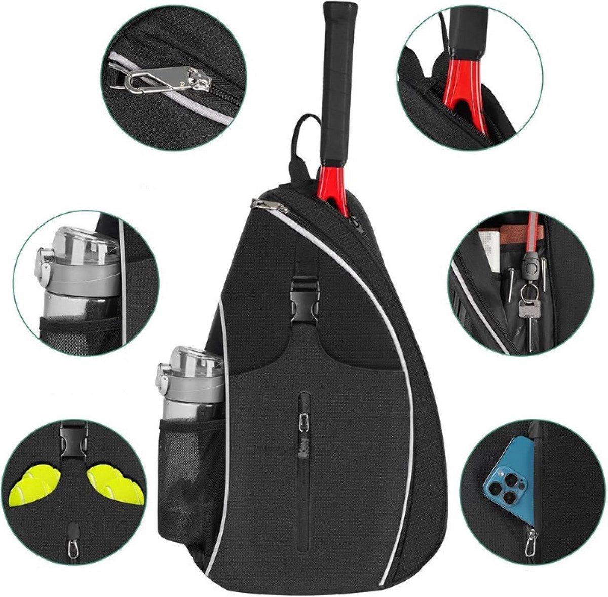 Black Tennis Sling Backpack, Water Resistant Crossbody Racket Bag for Tennis, Pickleball and Badminton, Lightweight Unisex Design