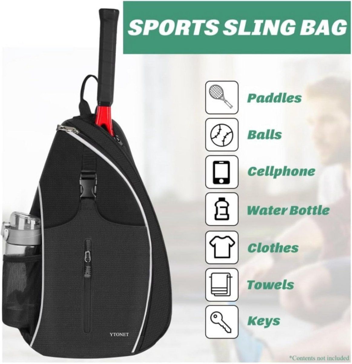 Black Tennis Sling Backpack, Water Resistant Crossbody Racket Bag for Tennis, Pickleball and Badminton, Lightweight Unisex Design