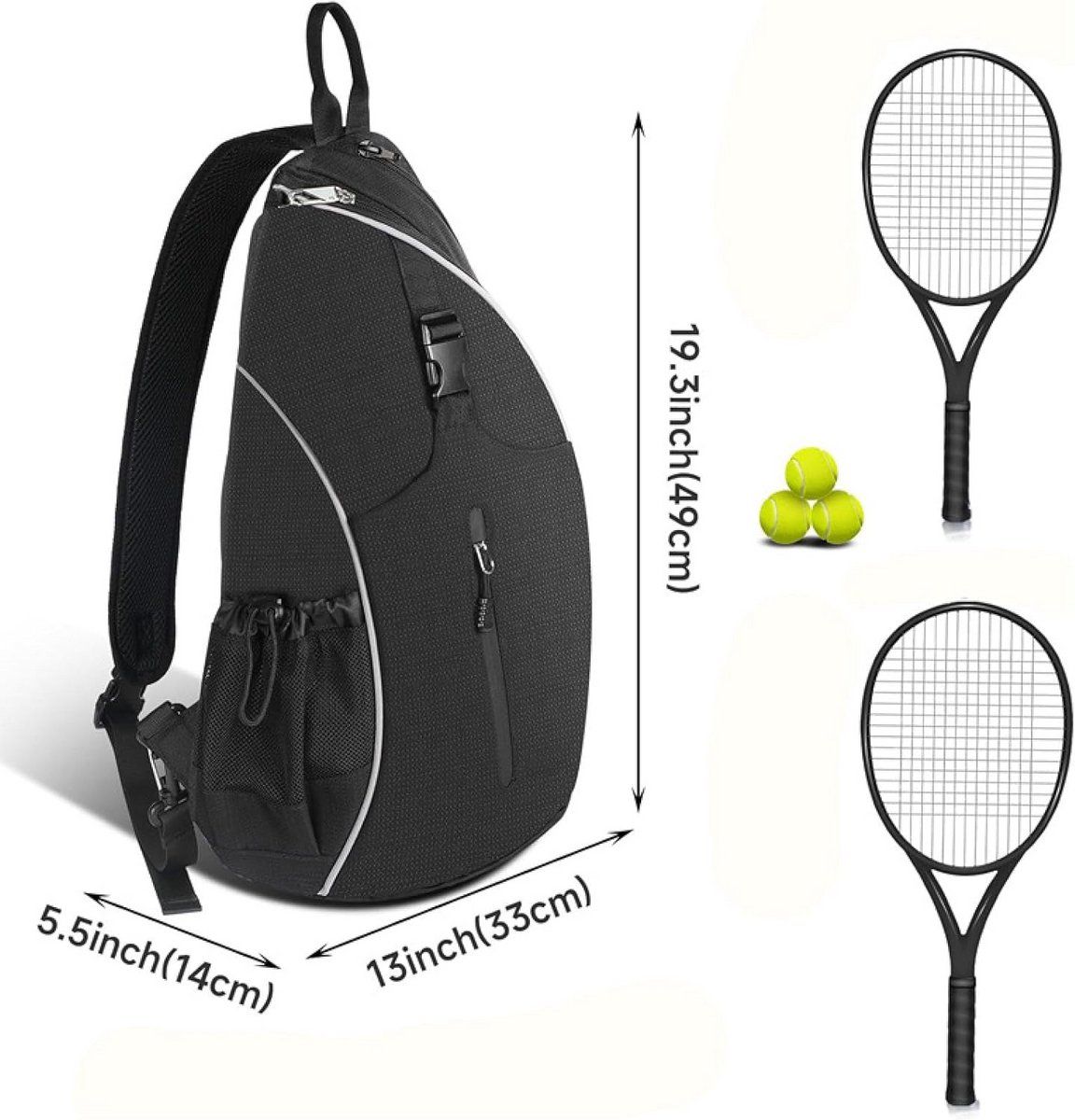 Black Tennis Sling Backpack, Water Resistant Crossbody Racket Bag for Tennis, Pickleball and Badminton, Lightweight Unisex Design