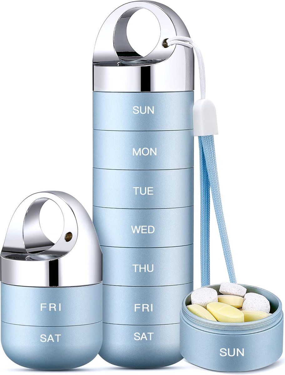 Metal Travel Pill Box, Portable Waterproof Weekly Pill Box, Large Aluminum Alloy Pill Holder, for Vitamins, Fish Oil, Supplements, Light Blue
