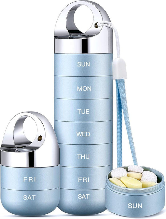 Metal Travel Pill Box, Portable Waterproof Weekly Pill Box, Large Aluminum Alloy Pill Holder, for Vitamins, Fish Oil, Supplements, Light Blue