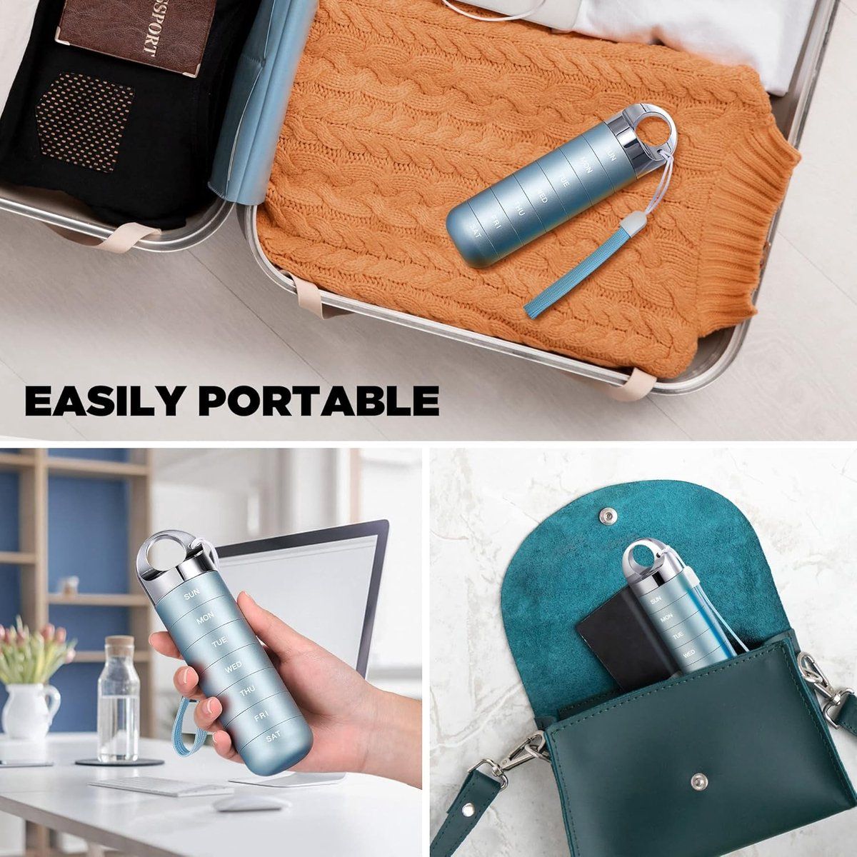 Metal Travel Pill Box, Portable Waterproof Weekly Pill Box, Large Aluminum Alloy Pill Holder, for Vitamins, Fish Oil, Supplements, Light Blue