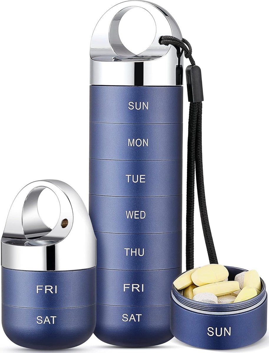 Metal Travel Pill Box, Portable Waterproof Weekly Pill Box, Large Aluminum Alloy Pill Holder, for Vitamins, Fish Oil, Supplements, Deep Blue