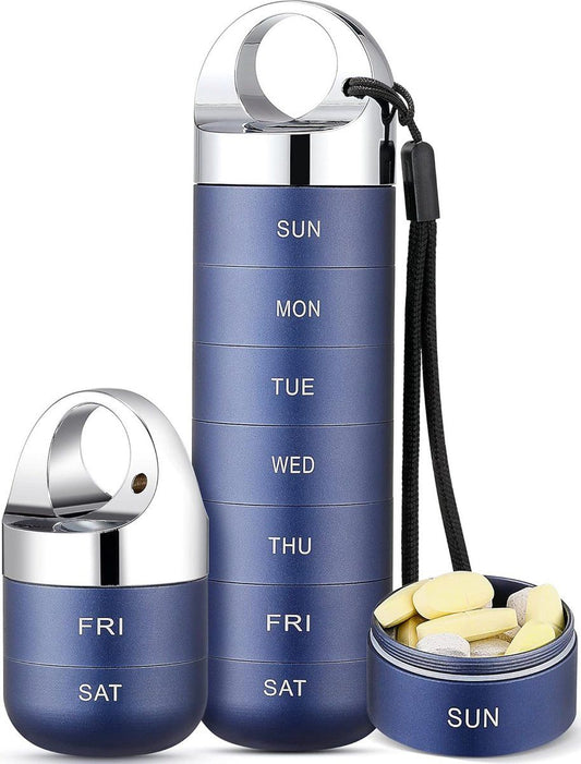 Metal Travel Pill Box, Portable Waterproof Weekly Pill Box, Large Aluminum Alloy Pill Holder, for Vitamins, Fish Oil, Supplements, Deep Blue