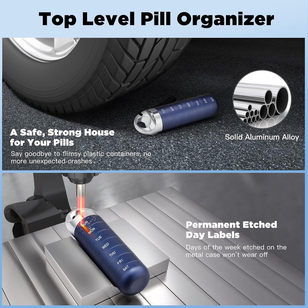 Metal Travel Pill Box, Portable Waterproof Weekly Pill Box, Large Aluminum Alloy Pill Holder, for Vitamins, Fish Oil, Supplements, Deep Blue