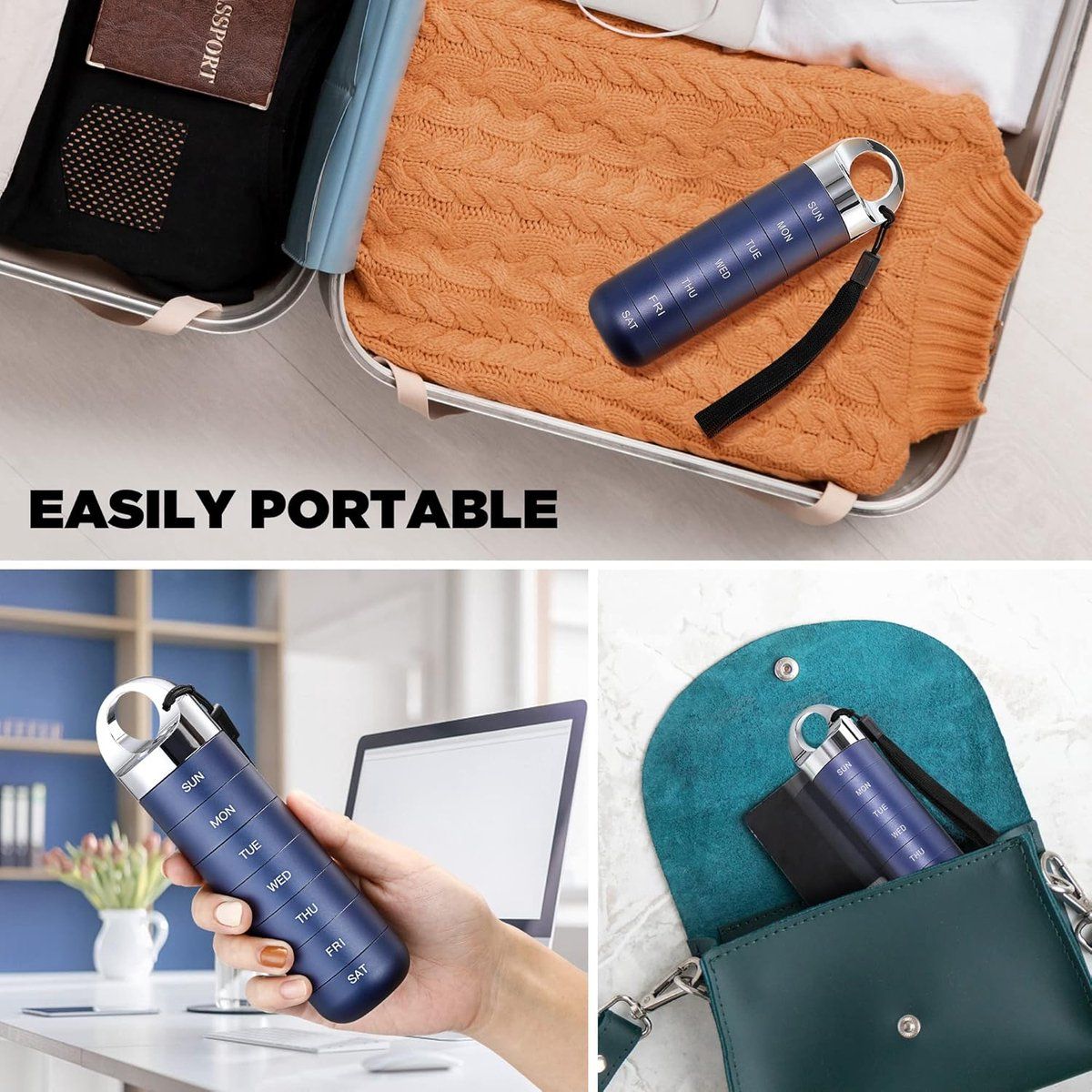 Metal Travel Pill Box, Portable Waterproof Weekly Pill Box, Large Aluminum Alloy Pill Holder, for Vitamins, Fish Oil, Supplements, Deep Blue