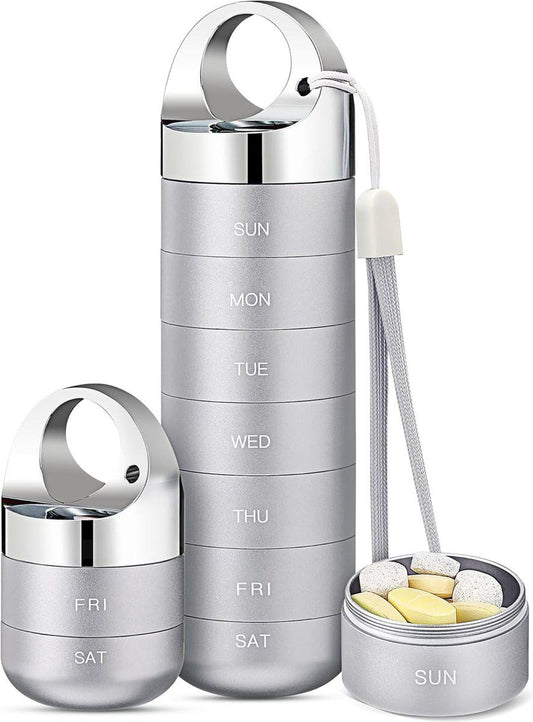 Metal Travel Pill Box, Portable Waterproof Weekly Pill Box, Large Aluminum Alloy Pill Holder, for Vitamins, Fish Oil, Supplements, Grey