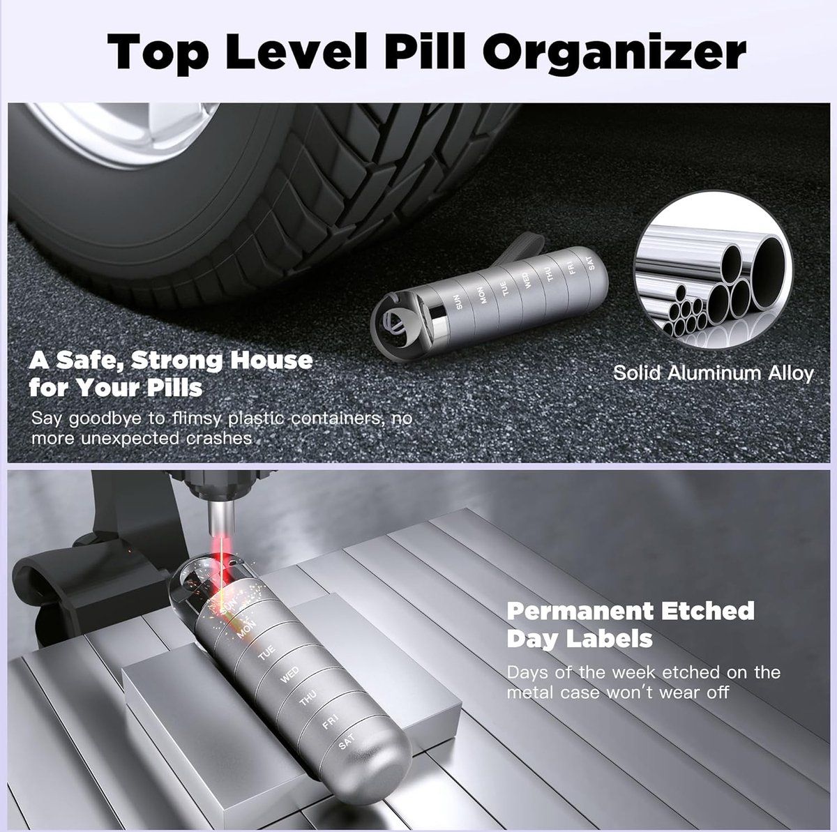 Metal Travel Pill Box, Portable Waterproof Weekly Pill Box, Large Aluminum Alloy Pill Holder, for Vitamins, Fish Oil, Supplements, Grey