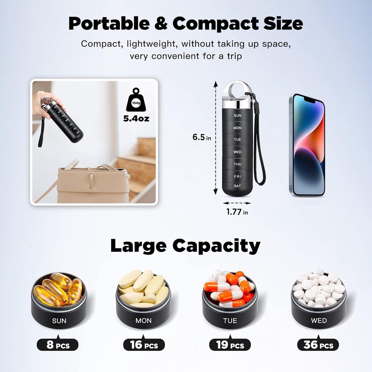 Metal Travel Pill Box, Portable Waterproof Weekly Pill Box, Large Aluminum Alloy Pill Holder, for Vitamins, Fish Oil, Supplements, Black