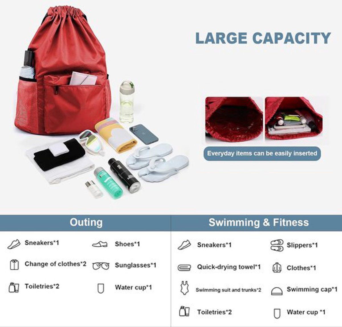 Waterproof Drawstring Gym Bag with Wet Dry Compartment, Lightweight Sports Backpack for Yoga, Dance and Travel, Red, Small, 41.9 cm