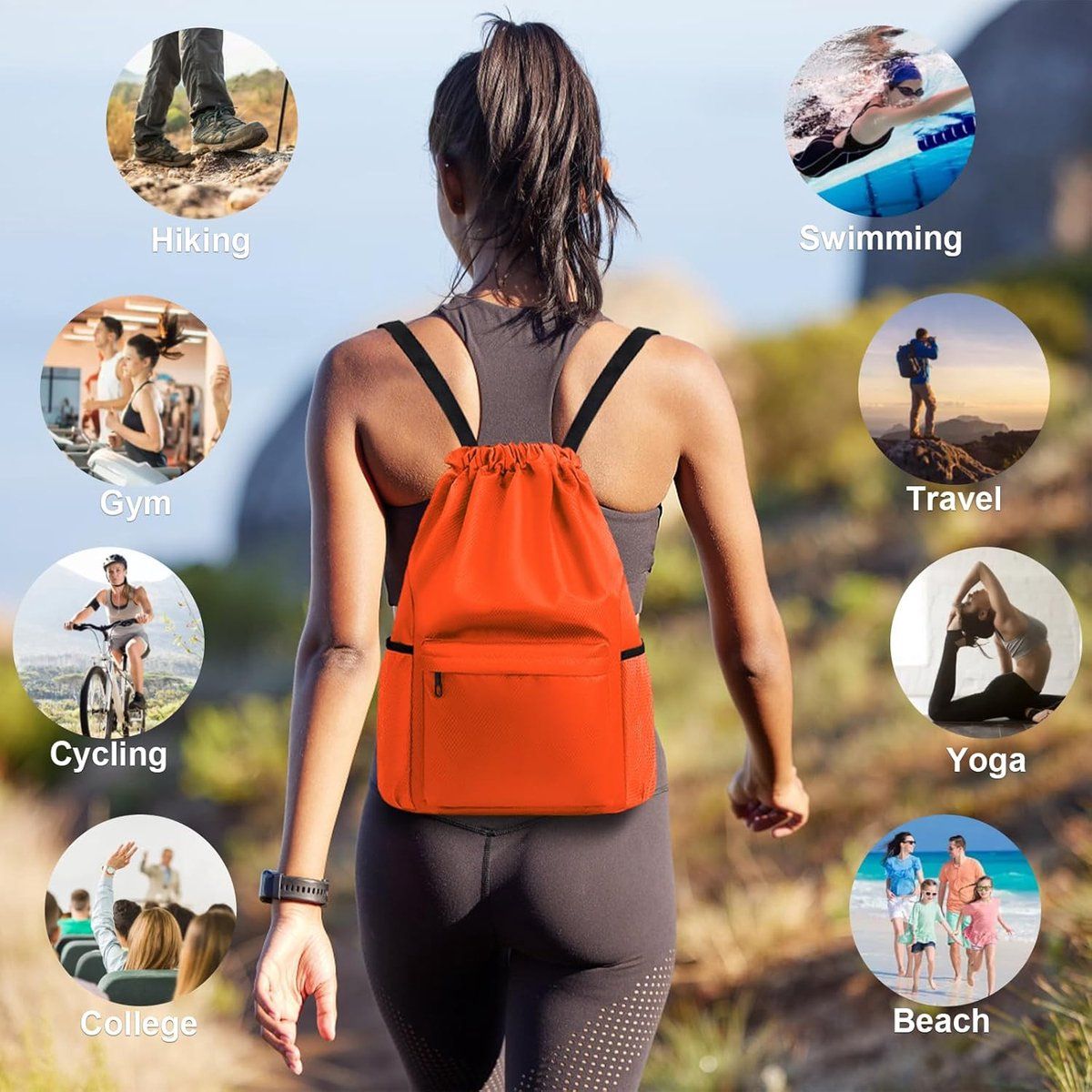 Waterproof Drawstring Gym Bag with Wet Dry Compartment, Lightweight Sports Backpack for Yoga, Dance and Travel, Orange, Small, 41.9 cm