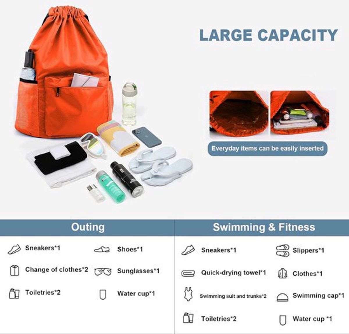 Waterproof Drawstring Gym Bag with Wet Dry Compartment, Lightweight Sports Backpack for Yoga, Dance and Travel, Orange, Large, 47 cm