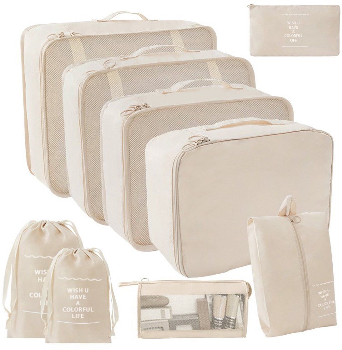 9 Pieces suitcase organizer set compression, luggage, storage set, Multifunctional storage bags, Waterproof, cosmetics, Beige