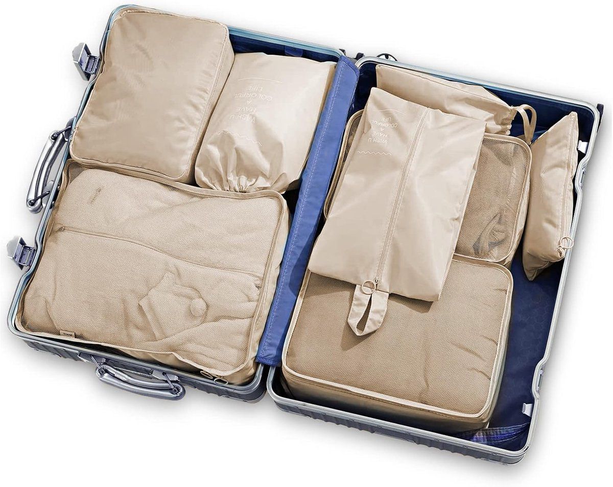 9 Pieces suitcase organizer set compression, luggage, storage set, Multifunctional storage bags, Waterproof, cosmetics, Beige