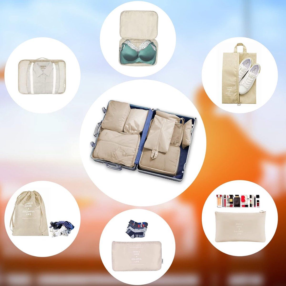 9 Pieces suitcase organizer set compression, luggage, storage set, Multifunctional storage bags, Waterproof, cosmetics, Beige