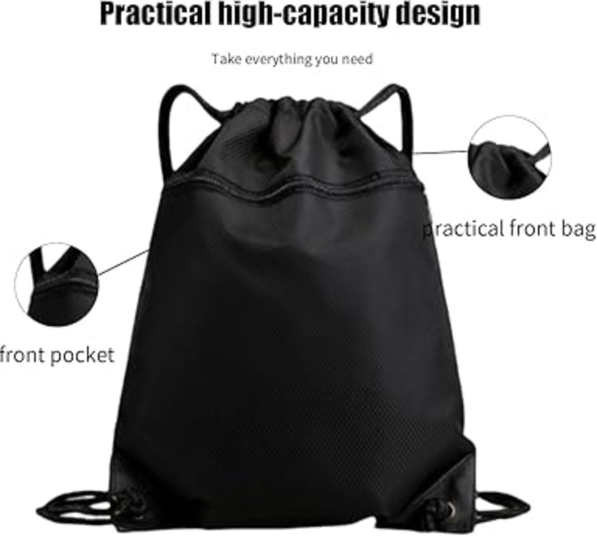 Gym Bag with Drawstring, Large Capacity 50 x 40 cm Drawstring Backpack, Waterproof and Scratch, Waterproof Bag for Sports, Black