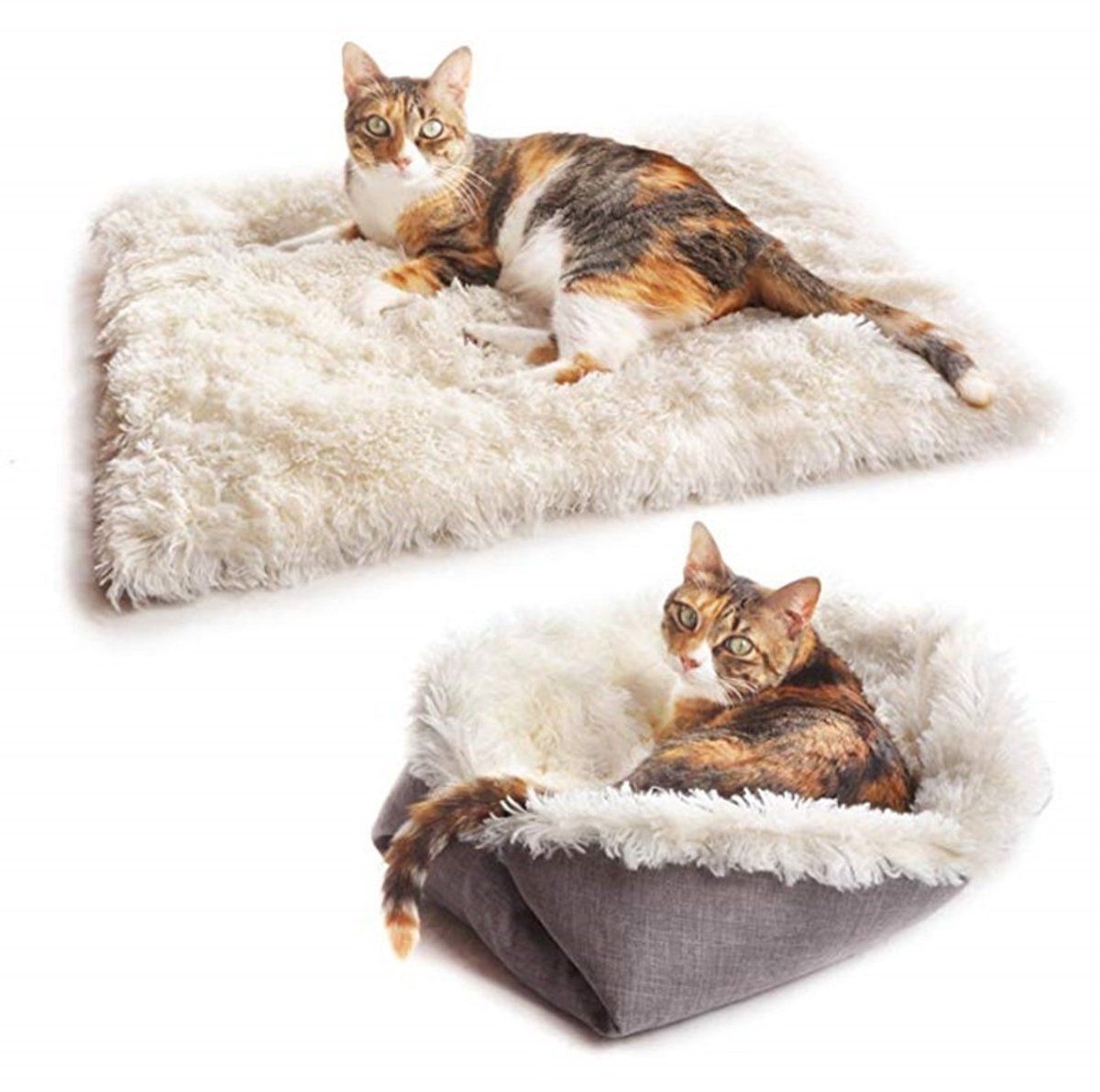 Self-Heating Cat Cushion and Soft Plush Blanket, Foldable 2-in-1 Pet Mat for Indoor Cats and Small Dogs, White, 61 x 51 cm