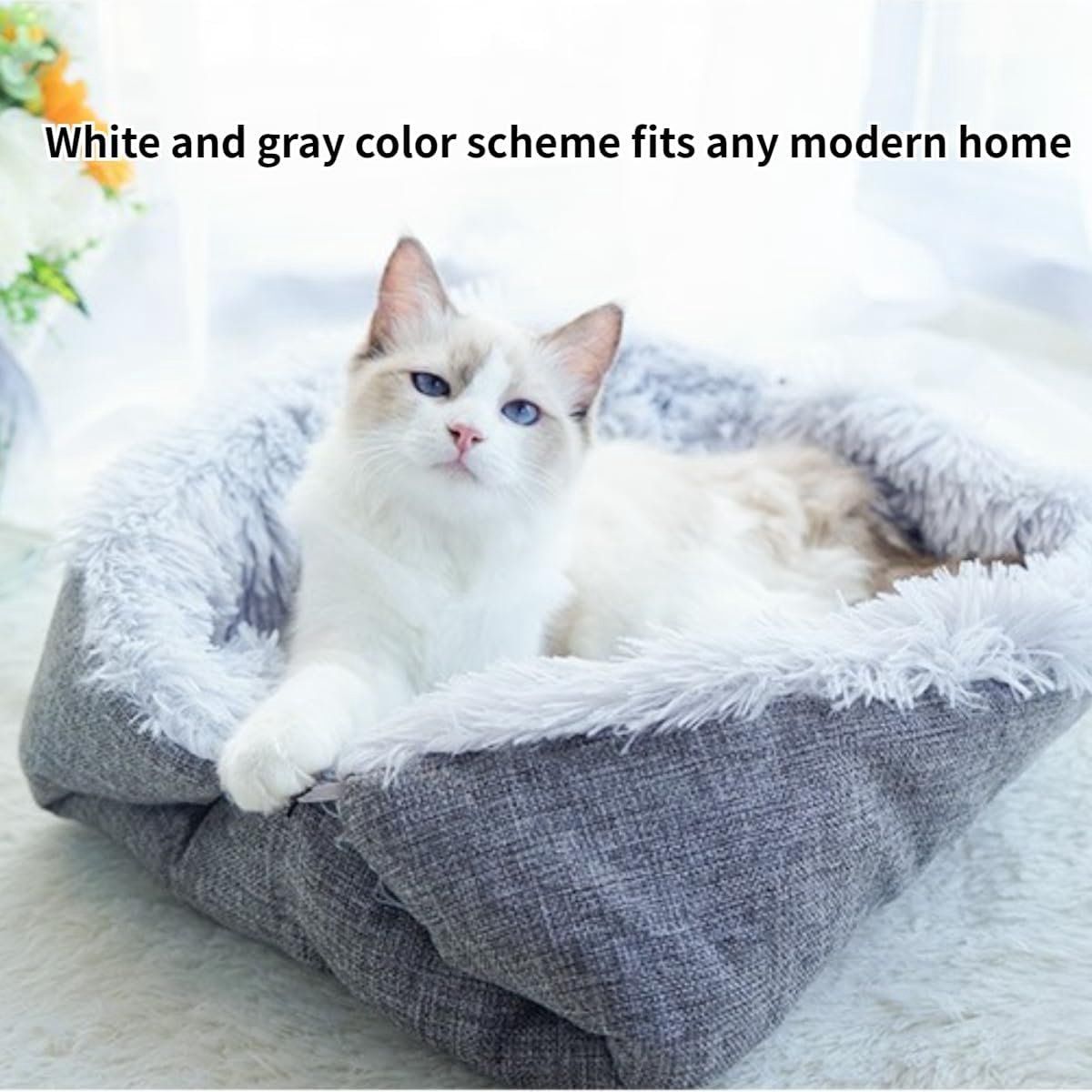 Self-Heating Cat Cushion and Soft Plush Blanket, Foldable 2-in-1 Pet Mat for Indoor Cats and Small Dogs, White, 61 x 51 cm