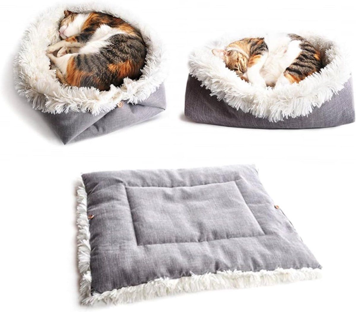Self-Heating Cat Cushion and Soft Plush Blanket, Foldable 2-in-1 Pet Mat for Indoor Cats and Small Dogs, White, 61 x 51 cm