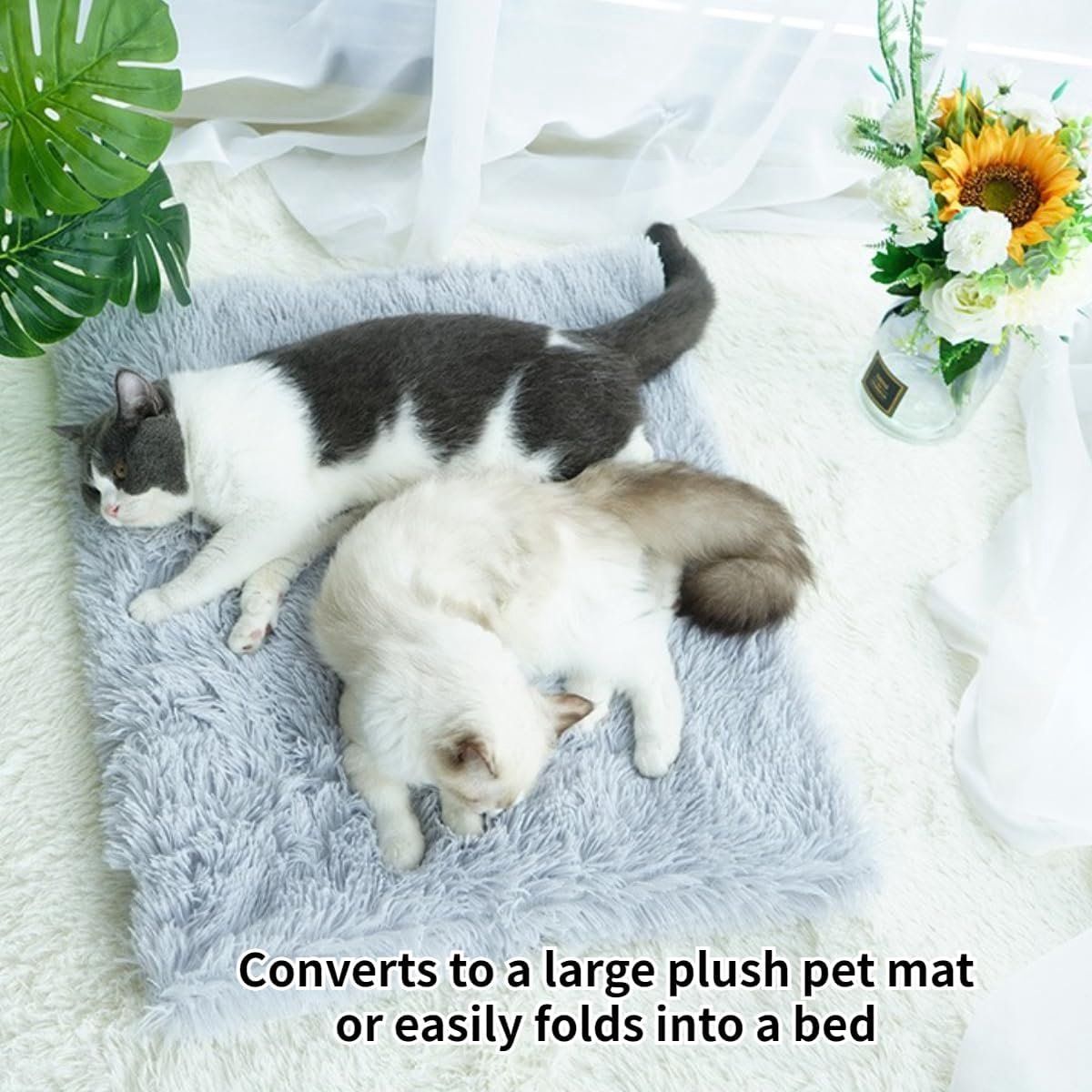 Self-Heating Cat Cushion and Soft Plush Blanket, Foldable 2-in-1 Pet Mat for Indoor Cats and Small Dogs, White, 61 x 51 cm