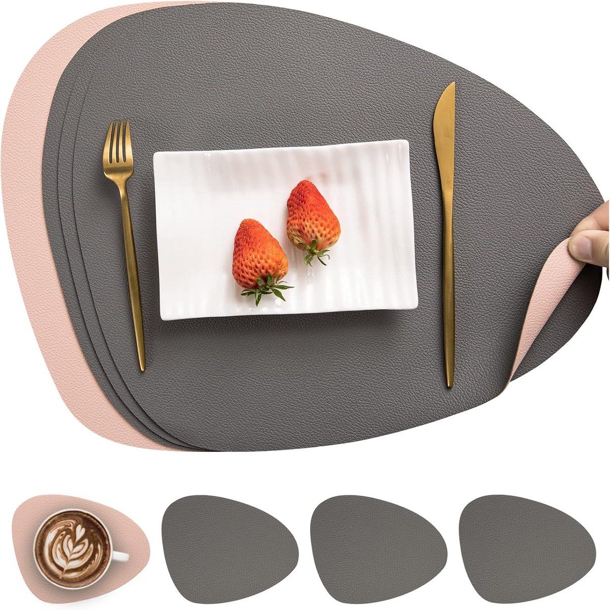 4 Pieces look Placemats, Leather Table Mats and Coasters, water repellent Coasters, 36.5 x 45 cm, Grey, Pink Double, sided color