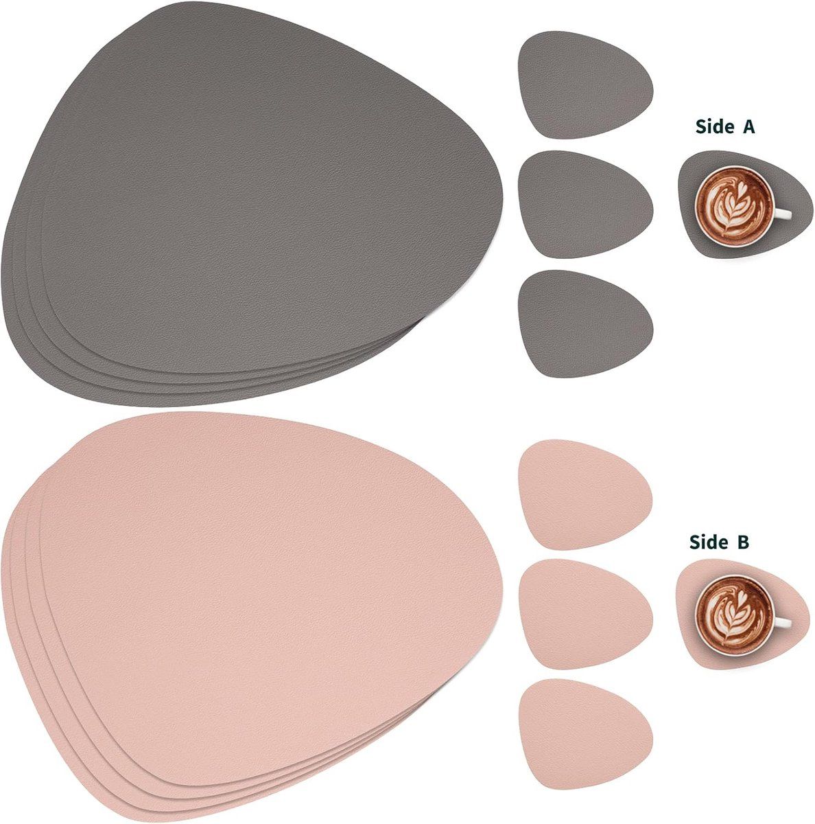 4 Pieces look Placemats, Leather Table Mats and Coasters, water repellent Coasters, 36.5 x 45 cm, Grey, Pink Double, sided color