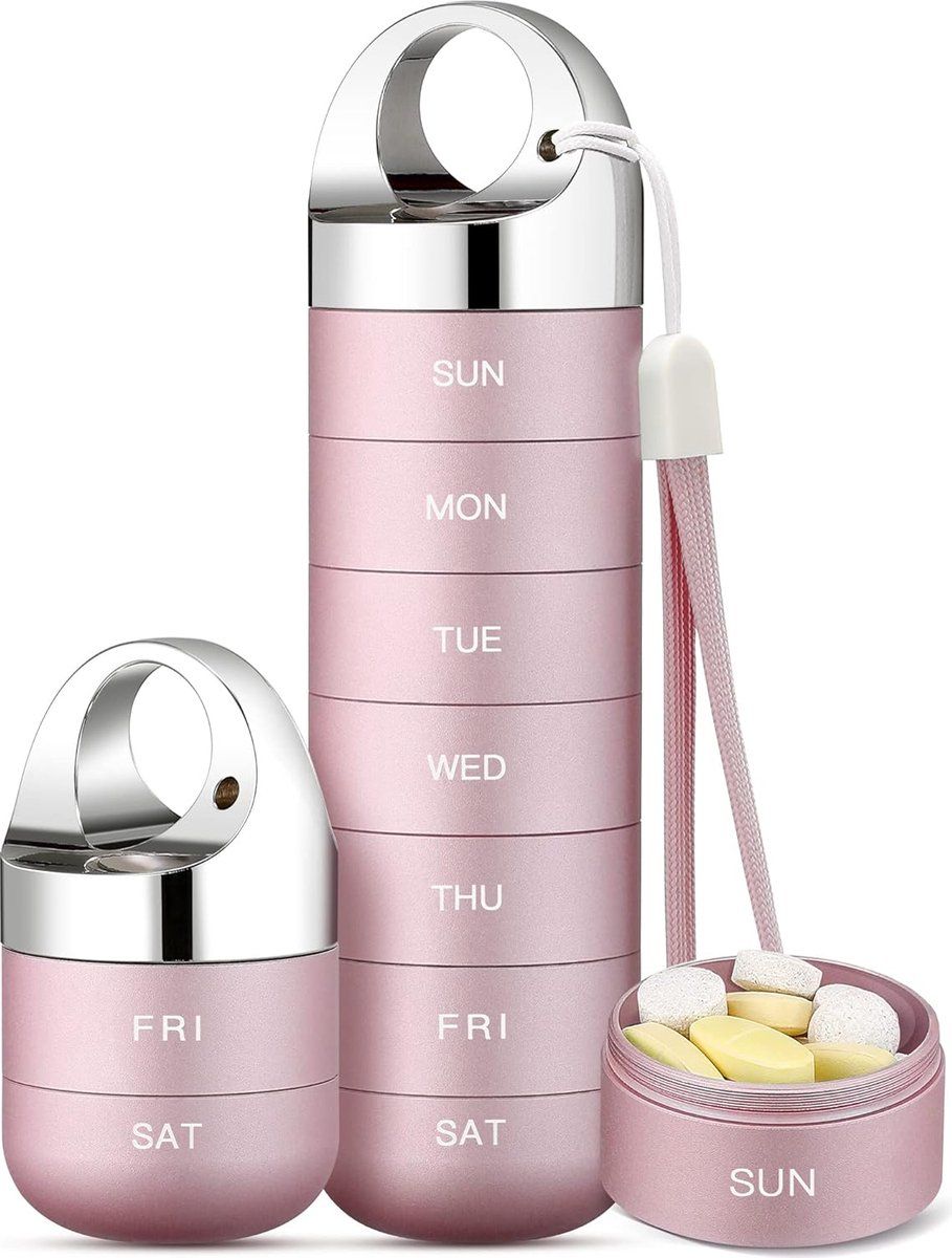Metal Travel Pill Box, Portable Waterproof Weekly Pill Box, Large Aluminum Alloy Pill Holder, for Vitamins, Fish Oil, Supplements, Pink