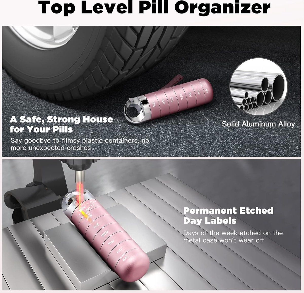 Metal Travel Pill Box, Portable Waterproof Weekly Pill Box, Large Aluminum Alloy Pill Holder, for Vitamins, Fish Oil, Supplements, Pink