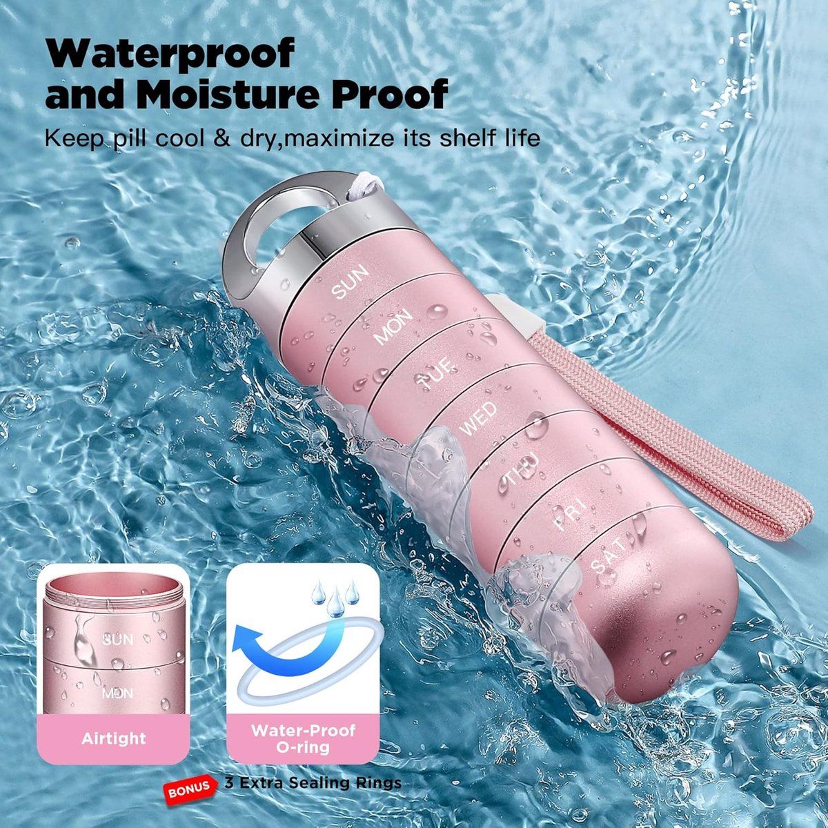 Metal Travel Pill Box, Portable Waterproof Weekly Pill Box, Large Aluminum Alloy Pill Holder, for Vitamins, Fish Oil, Supplements, Pink