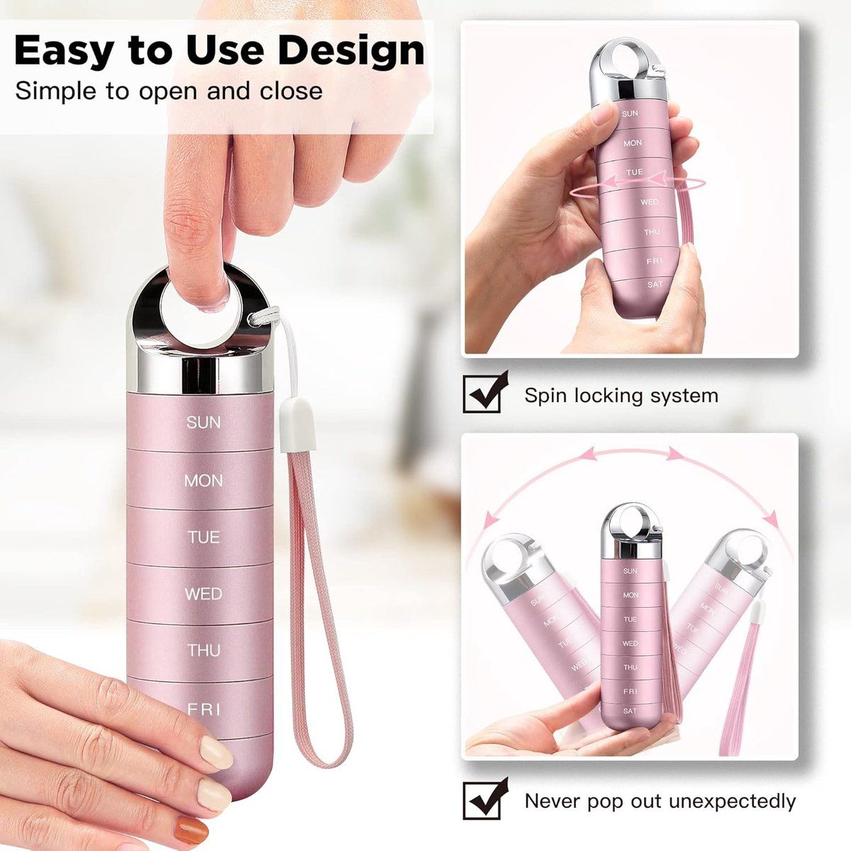 Metal Travel Pill Box, Portable Waterproof Weekly Pill Box, Large Aluminum Alloy Pill Holder, for Vitamins, Fish Oil, Supplements, Pink