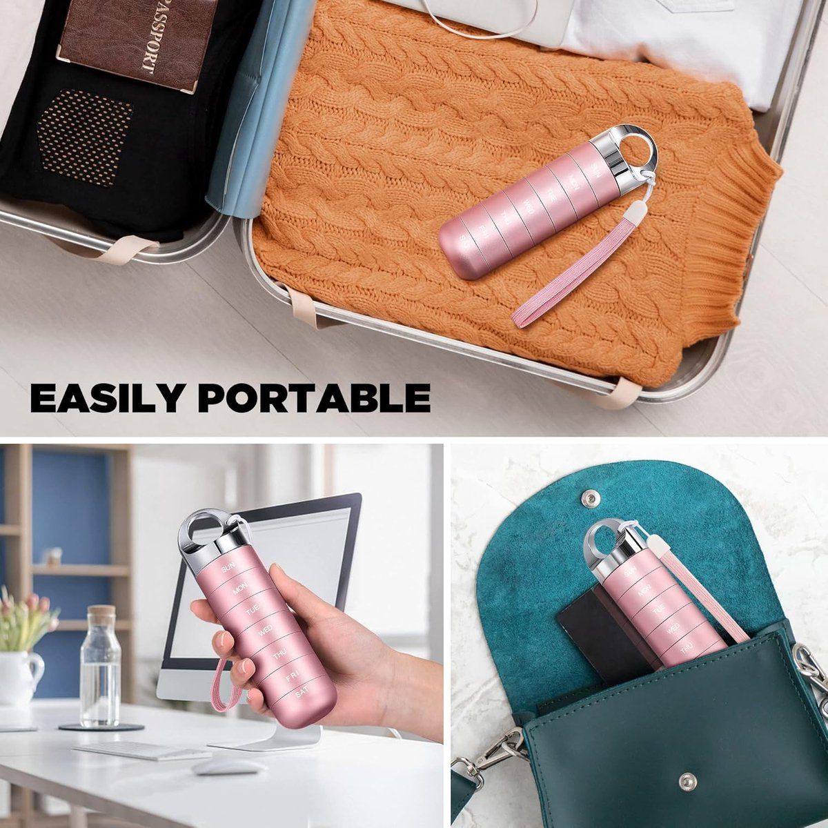 Metal Travel Pill Box, Portable Waterproof Weekly Pill Box, Large Aluminum Alloy Pill Holder, for Vitamins, Fish Oil, Supplements, Pink