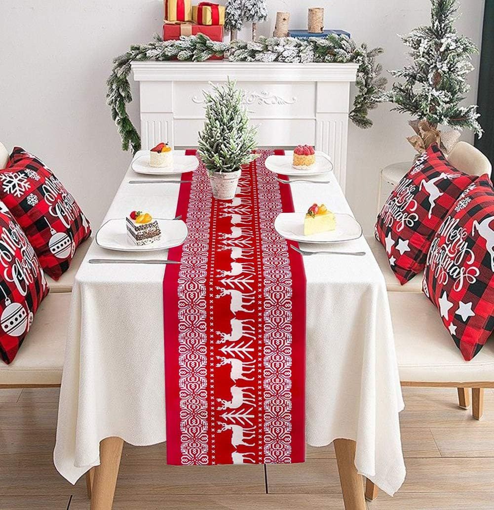 Christmas Cotton Linen Table Runner, 28 x 270 cm, Washable Holiday Table Decoration for Dining Room, Party and Seasonal Home Decor