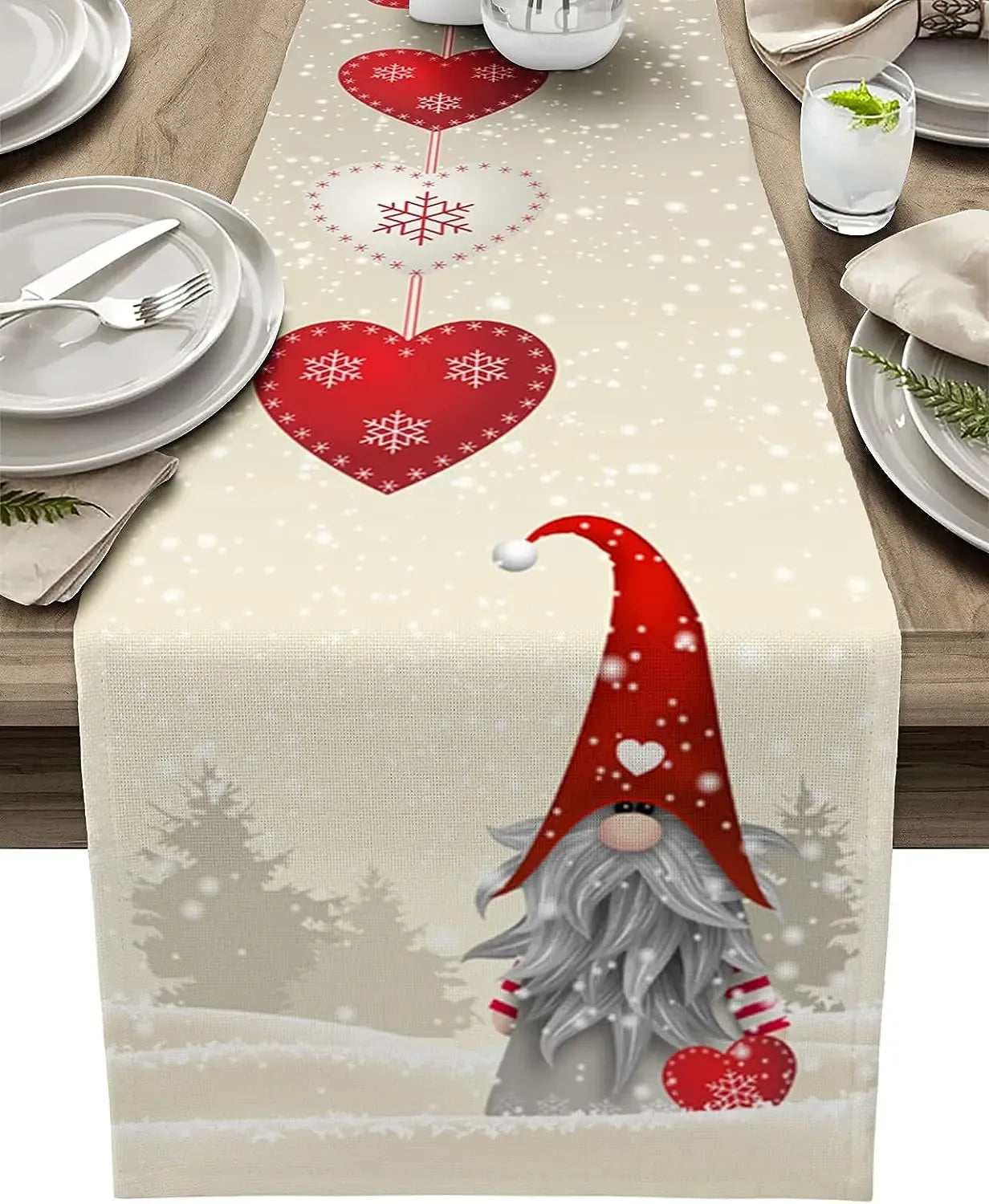 Christmas Snowflake Gnome Linen Table Runner, 180 x 33 cm, 70 x 13 in, Decorative Dresser Scarf for Dining Table and Holiday Decor