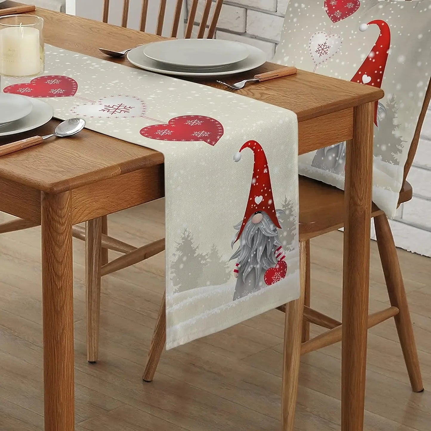 Christmas Snowflake Gnome Linen Table Runner, 180 x 33 cm, 70 x 13 in, Decorative Dresser Scarf for Dining Table and Holiday Decor