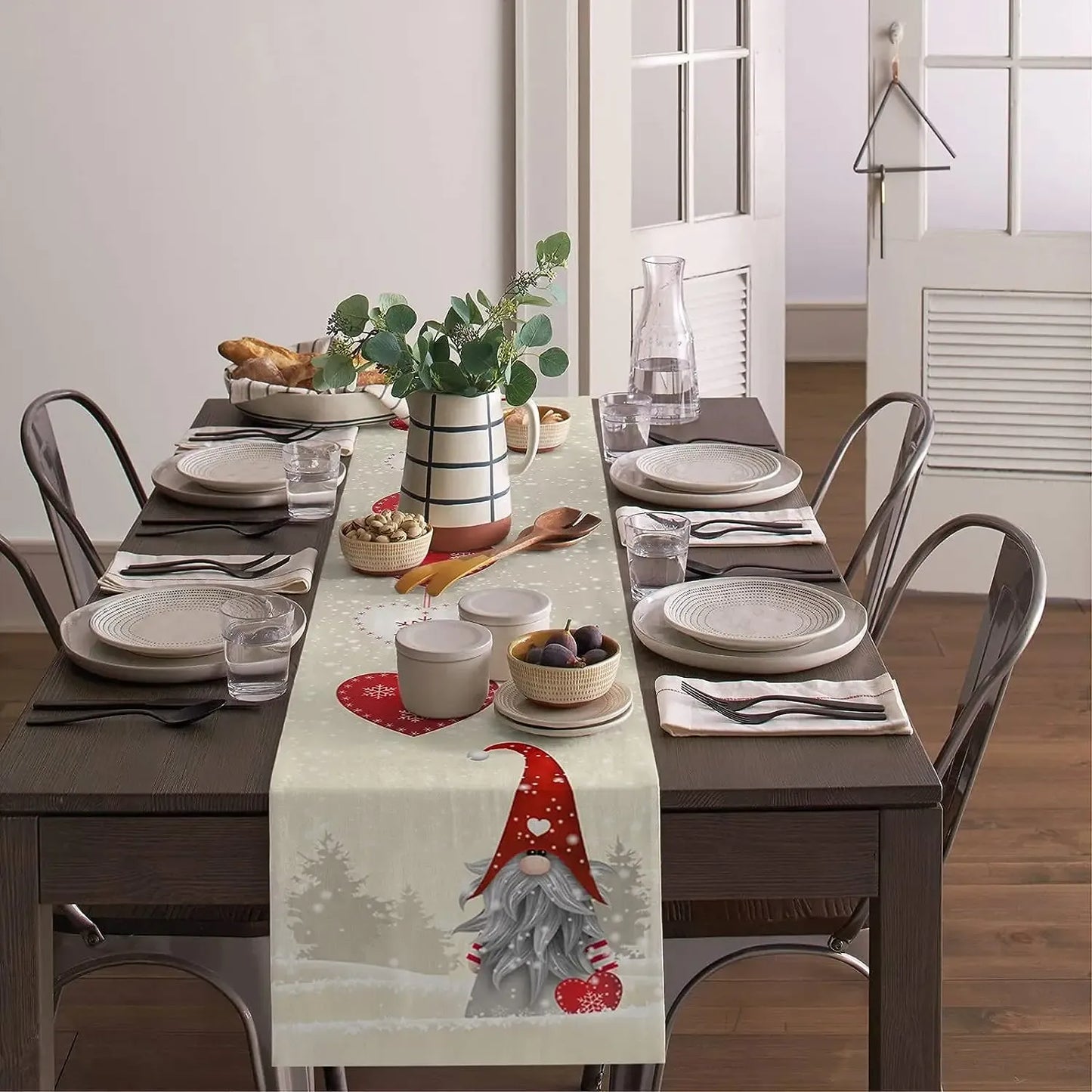 Christmas Snowflake Gnome Linen Table Runner, 180 x 33 cm, 70 x 13 in, Decorative Dresser Scarf for Dining Table and Holiday Decor